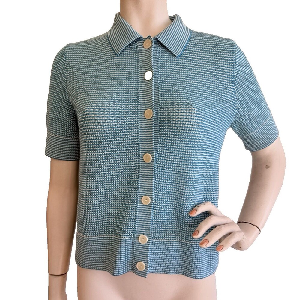 AKRIS PUNTO Sweater 100% Virgin Wool Teal Blue Woven Cardigan Top IT 40 US 4